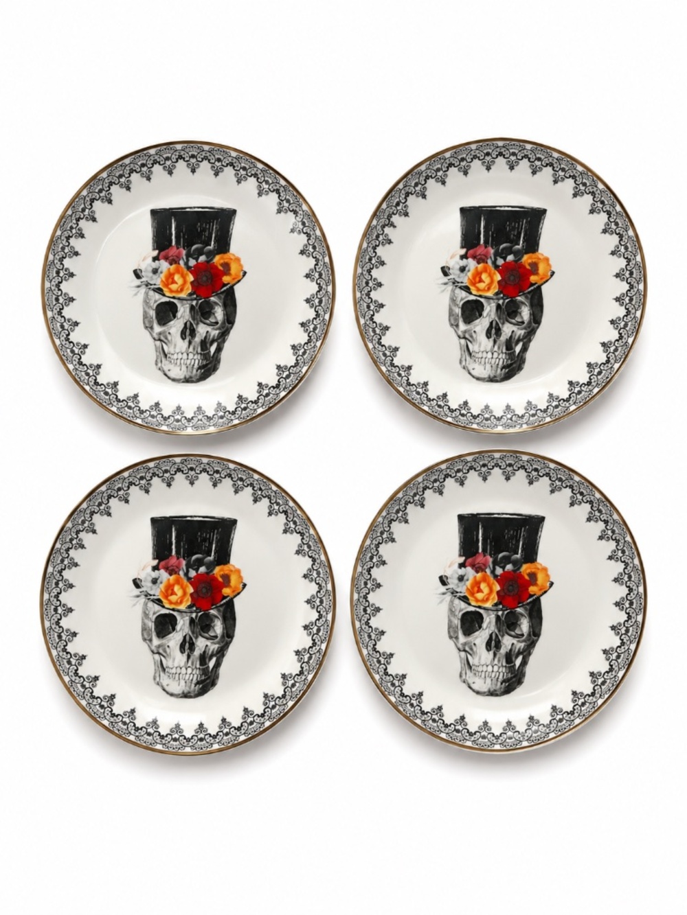NIB Harvest Green Studio 4pc Halloween Skull Dinner Plates 10" Gold Rim Gothic